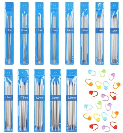 Strängnålar, set, 65 st dubbla nålar, i rostfritt stål, 1,5–5,0 mm med 20 st markörspännen, korta raka nålar, nålset, sticknål, sticknålar, set för strumpor, halsdukar, mössor