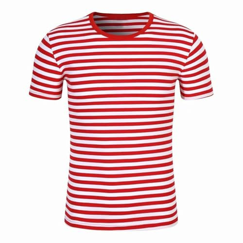 Unisex Ringelshirt Rot Weiss Karneval Kurzarm T-Shirts Damen Herren Sommer Gestreiftes Bedrucken Rundhals Tunika Bluse Matrosen Fischerhemd Oberteile Teenager Gestreift Tee Shirts