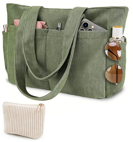 Mngevcy Cord Tasche Damen, Groß Tote Bag Strandtasche + Kleine Kosmetiktasche mit Reißverschluss, Shopper Tasche Damen, Handtasche Umhängetasche für Arbeit Schule und Gym Reisetasche Familie, Grün