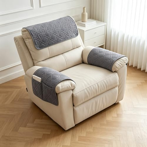 Bcuuozeeing Sesselschoner mit Taschen für Relaxsessel mit Armlehnen, rutschfeste Armlehnenbezüge für Sessel und Sofa, Wasserdicht & rutschfest Möbelschutz für Sofa, Stuhl (Dunkelgrau)