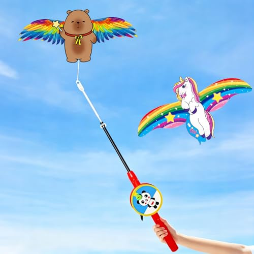 LIULINY 2 Piezas Cometas para Niños, Capibaras a Unicornios Cometa, 35 x 19 cm Cometas, Fáciles de Volar, Ideales para Niños y Principiantes Juegos al Aire Libre, Parque
