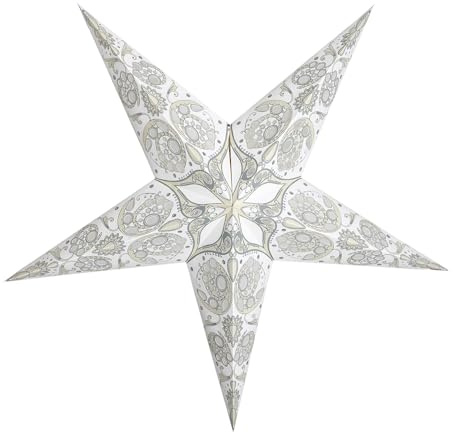 GalaxyArts Paper Star Lantern, 24 Inch Maharani White 3D 5-Point Light-Up Hanging Lamp, Handcrafted Hollow Decoration for Christmas, Weddings, Holidays, Birthday, Indoor Outdoor Party Home Décor