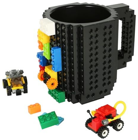 Lumsburry Build-on Brick Coffee Mug, Funny DIY Unique Novelty Drinking Cup | Building Blocks Creative Mug, for Men Women Kids Dad Mom, Present Exchange Ideas, Xmas Birthday White Elephant(Black)
