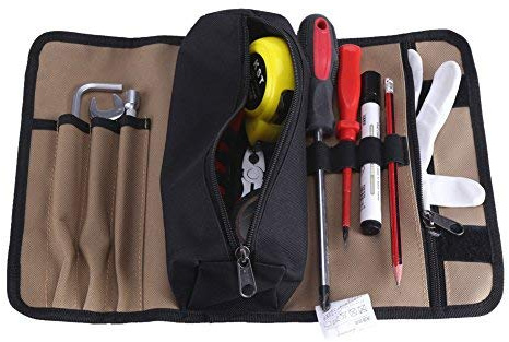 Tool Organizer Bag, Portable Heavy Duty 600D Oxford Fabric Multi Pocket Storage with Elastic Bands for Electricians Plumbers HVAC Technicians Black Khaki 36cm x 25cm