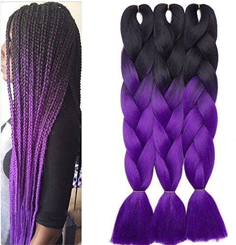 SEGO Treccine Extension Ombre Africane Treccia Finta Capelli Fibre Lunga 60cm Afro Braiding Hair Ombre Colorate Donna Bambina 300g, 3 Fasce/Pack, #19 Nero/Viola