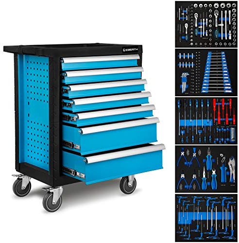 EBERTH Werkstattwagen 167-teilig bestückt, 7 Schubladen, 5 Davon mit Werkzeug gefüllt, Doppelwandiger Werkzeugwagen aus Stahl, Blau Pulverbeschichtet, Lenkrollen, Feststellbremse, Ergonomische Griffe