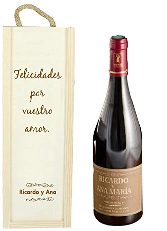 Regalo para Parejas Personalizable: Botella de Vino Personalizada con Nombres, Fecha y dedicatoria, en Caja de Madera Personalizada