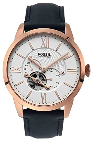 Fossil Men's Watch, Townsman Automatic Stainless Steel and Leather Two-Hand Skeleton Watch, Color: Rose Gold/Navy