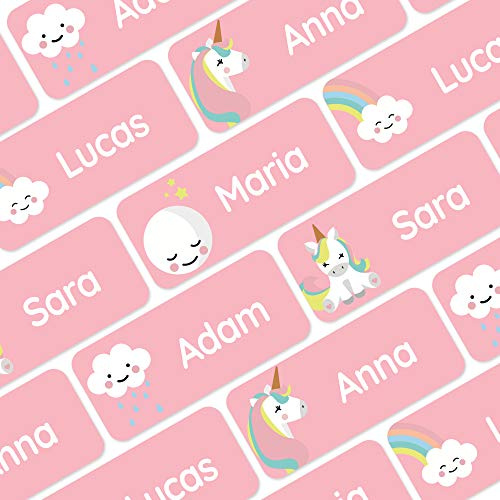 My Nametags® 56 Etichette Adesive Personalizzate | Adesivi Impermeabili per Vestiti, Scarpe e Materiale Scolastico | Etichette con Nome per Bambini, Scuola e Asilo | Adesivi Unicorno, Rosa