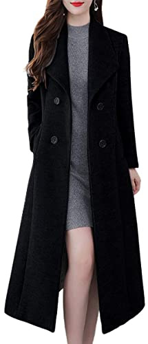 ebossy Women's Shawl Collar Double Breasted Below Knee Slim Wool Trench Long Coat, Black, S