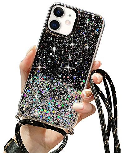 LCHULLE Handykette Handyhülle für iPhone 12/12 Pro Hülle mit Kordel Umhängenhülle Necklace Hülle mit Band Schutzhülle Transparent Silikon Case für iPhone 12/12 Pro Schwarz