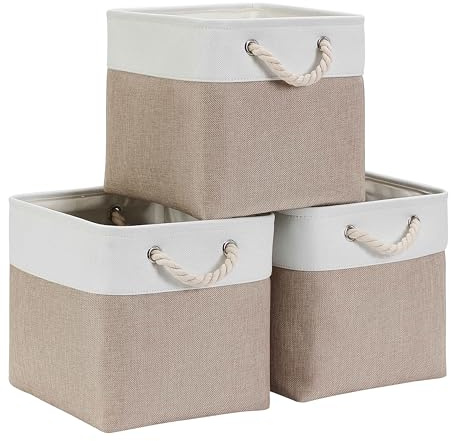 Mangata Stoff Aufbewahrungsbox 33x33x33 cm Faltbar Helles Khaki Weiß 3er Set