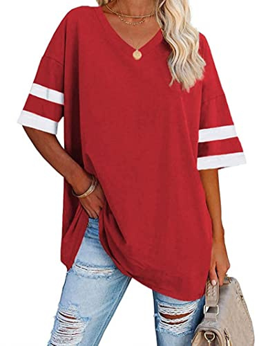 Voopptaw Maglietta da donna estiva casual con scollo a V a righe a mezza manica da donna, comoda maglietta da baseball oversize, Rosso, S