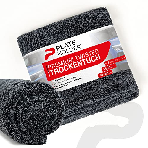 PLATEHOLDER® Premium Mikrofasertuch | Poliertuch | 40x60cm 1400 GSM | Ultra saugstark | Fusselfrei | abgerundete sanfte Fasern | kratzerfrei | groß | Trockentuch für Auto Motorrad Fahrrad
