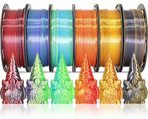 MIKA3D 6 Spools Bicolor Dual Color 1.75mm 3D Printer Filament Bundle, 3D Printing Silk PLA, Silk Black-Red/Purple-Green/Blue-Green/Red-Gold/Gold-Copper/Black-Orange, 3D Printing PLA 250g X 6 Spools