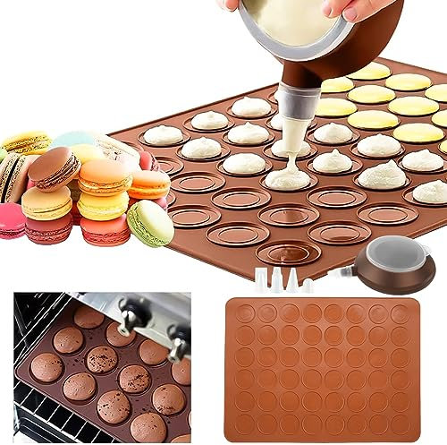Heveer Stampo per Macarons Antiaderente 48 Fori Macaron Set Stampi in Silicone Macarons Tappetini per Macaron con Penna Decorativa e 4 Ugelli per Macaron Cupcake Dessert