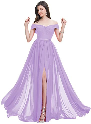 WSEYU Women's Off Shoulder Bridesmaid Dresses with Slit Long Chiffon Plus Size Pleated Formal Prom Dresses Lilac UK20