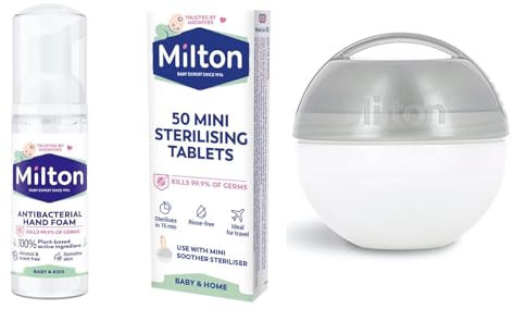 Milton Mini Soother Dummy Grey Travel Steriliser, 50 Mini Sterilising Tablets & 50 ml Hand Sanitiser. Out & About Bundle