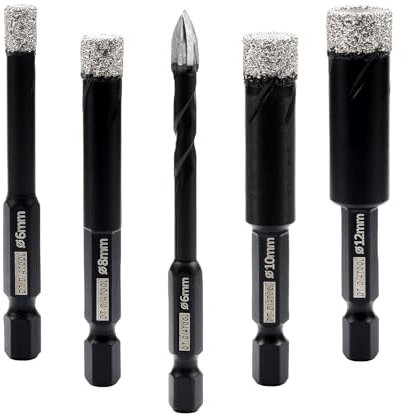 DT-DIATOOL Trapano diamantato 4 pezzi 6/8/10/12 mm con 1 punta diamantata da 6 mm punta in metallo duro per piastrelle, porcellana, ceramica, marmo, granito