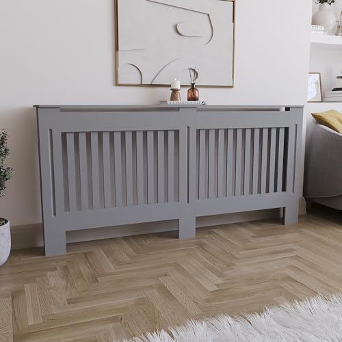 Vida Designs Chelsea Heizkörperabdeckung Olive Grey - Extra Groß - Modernes vertikales Lamellendesign für optimale Wärmeverteilung - H82xW172xD19cm - Lackiertes MDF-Möbel Ideal für Wohnzimmer und Flur