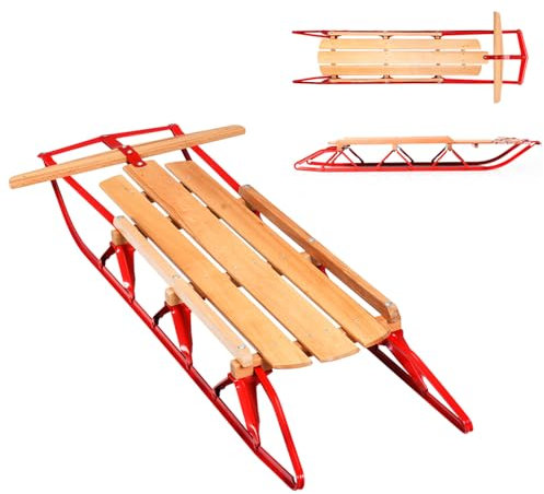 KOMFOTTEU Schlitten aus Holz und Metall, bis 150 kg belastbar, mit Schlittschuhen und Griffen, Schlitten für Kinder und Erwachsene, 137 x 58 x 16 cm