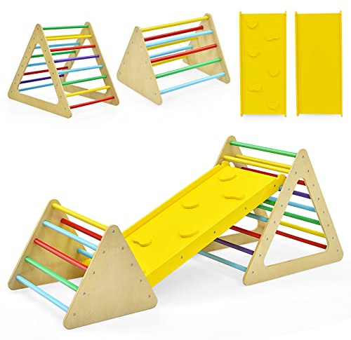 GOPLUS 3 en 1 Toboggan d'escalade Montessori pour Enfants, 2 Triangle d’Escalade avec Toboggan pour Enfant 3 Ans+,Charge 60KG (Multicolore)