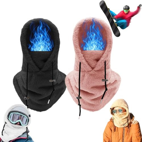 Pnedeodm Warme Plüsch-Fahrradhaube,Skimaske Mit Sherpa-Kapuze,Sherpa-Skimaske,Winddichte Verstellbare Fleece Ski Maske (DE/NL/SE/PL, Alphanumerisch, Einheitsgröße, Schwarz+Rosa)