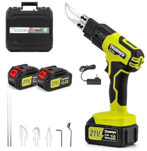 Huanyu Coltello caldo a batteria con 4 lame 100W Coltello caldo elettrico con display della temperatura 500℃ Max 3.0Ah Batteria alimentata ad aria di raffreddamento coltello di calore (4 Lame)