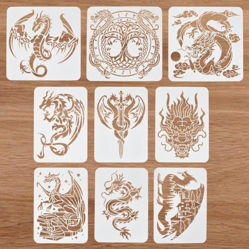 FINGERINSPIRE 9 Stück Drachenmalerei Schablonen 9 Stile Chinesischer Asiatischer Orientalischer Drache Vorlage 21x29.7 cm 30x30 cm Dinosaurier Drachenkönig Schwert Pteranodon Drachenkopf Schablone