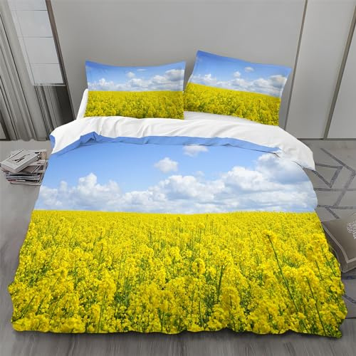 MLUNKQAIL Housse de Couette 90x190 Baiyun, Parure de Lit Fleurs De Colza, Sets de Housses de Couettes 3 Pièces Microfibre avec Fermeture Éclair et 2 Taies d'oreiller 65x65 cm