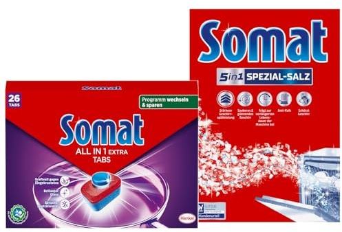 SOMAT Tabs 26 AW all in 1 Extra, Geschirrspül Tabs für strahlende Sauberkeit, bekämpfen selbst eingetrocknete Rückstände + Somat Duo Power Experten Spezial-Salz 1,2kg