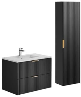 Vente-unique-Waschbeckenunterschrank hängend mit Einbauwaschbecken & Badhochschrank - Streifenoptik - Schwarz - 80 cm - ZEVARA