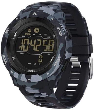 Forrader Montre numérique militaire pour homme - Étanche jusqu'à 5 ATM - Sports de plein air - Podomètre - Avec lumière/alarme/calories/compte à rebours/chronomètre, cadeau, Noir