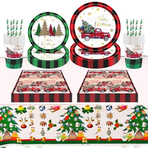 Vajilla Navideña Completa 61 Piezas - Incluye Servilletas, Mantel de Papel - Perfecto para Decoraciones de Fiesta de Navidad