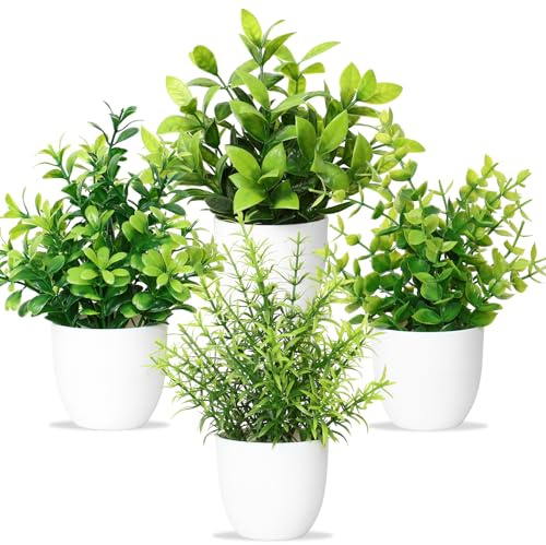 Betylifoy Künstliche Pflanzen mit Topf 4pcs Kunstpflanze Kleine | Grünpflanzen Dekor Kunststoff Pflanzen Indoor Dekor für Büro Haus Schlafzimmer Wohnzimmer (4, Grün-Weißer Topf, 7 x 20 cm)
