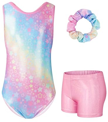 Surgoal Justaucorps de gymnastique 3 pièces pour filles avec short sans manches scintillant – Tenue de ballet athlétique 3 pièces pour enfants de 3 à 12 ans, rose, 9-10 ans