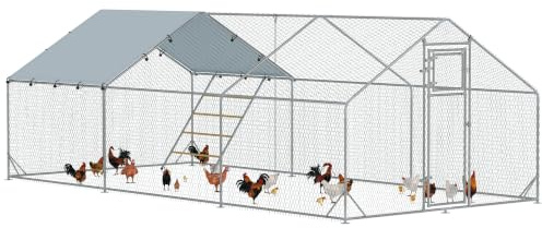 PawHut Hühnerstall 3x6x2 m Freilaufgehege Hühnergehege 18-24 Hühner Silber | Freigehege aus Verzinktem Stahl, UV-beständiger Dachabdeckung, Futtertür, Hängefütterung, Sitzstange, Kleintiere