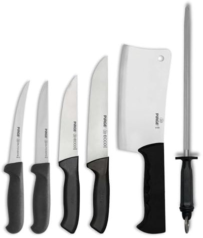 Pirge Metzgermesser Set 6 TLG Schlachtermesser - Fleischermesser - Hackmesser - Exzellenter Schärfe Ausbeinmesser - Wetzstahl - Edelstahl Profi Küchenmesser - Ergonomisches Kunststoff Griffdesign