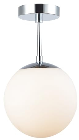 Happy Homewares Traditional and Sleek Opal Glass Globe IP44 Bathroom Ceiling Light in Polished Chrome | 24cm x 20cm | 60w Max | Suitable for Hallways Lounges Conservatories etc