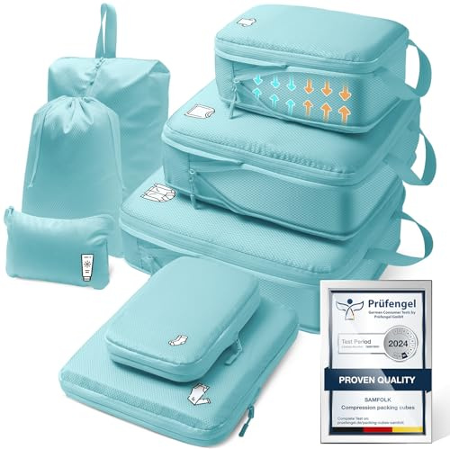 Packing Cubes Compression 8 pezzi organizer per valigie, impermeabili cubi da imballaggio packtaschen a compressione, essenziali da viaggio per bagaglio a mano valigie e zaini, colore: azzurro