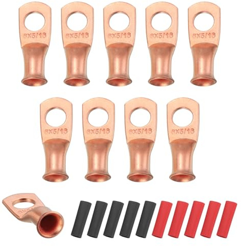 sourcing map 10 capicorda per batteria da 6 AWG, terminali ad anello da 6 gauge da 5/16 pollici, terminali terminali terminali in rame, tubi termorestringenti 3:1, oro