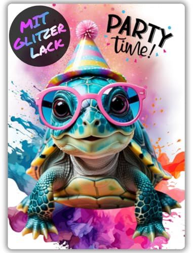 celebr8te 12x Party Schildkröten Glitzer Einladungskarten - Teenager Kindergeburtstag Jungen & Mädchen - coole Tier Geburtstagseinladungen inkl. Messenger Bild & Urlaubsgutschein