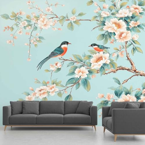 Kln&-10 - Carta da parati fotografica con fiori e uccelli, 300 x 210 cm, decorazione da parete in tessuto non tessuto