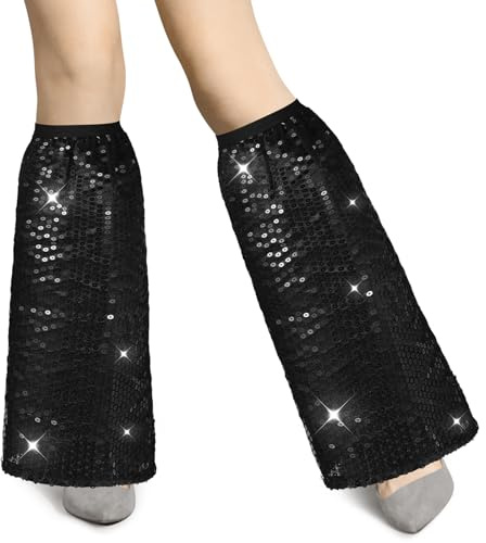 Hestya 1 Paar Glitzer Beinstulpen für Frauen Karneval Disco Accessoires Damen 70er Jahre Kostüm Retro Pailletten Stulpen Glitzer Beinwärmer für Halloween Mottoparty Fasching Party Outfit(Schwarz)