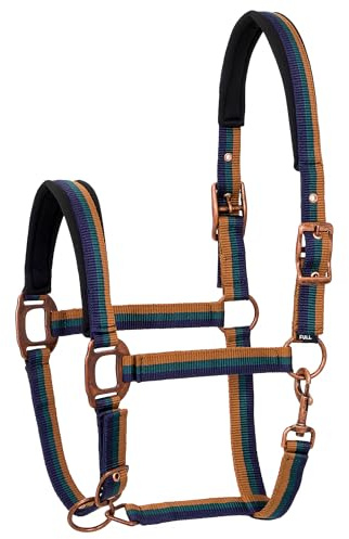 Start Rustic Halfter für Pferde – Verstellbares Nylonhalfter mit weichem Fellpolster – Komfortabel & scheuerfrei – Für Warmblut, Vollblut & Pony – Robuste Messingbeschläge (Blau/Grün/Braun, Full)
