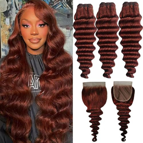FUIBEJAE Cheveux humains brésiliens vierges en paquets ondulés profonds couleur brun rouge #33, 3 paquets avec closure en dentelle, cheveux humains ondulés profonds en vrac,14 16 18+14closure