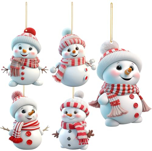 NAUZE 5Pieces 2D Snowman Christmas Ornament Acrylic Xmas Tree Decoration Kit with String Cute Xmas Tree Charms Craft Hanging Bauble Decor for Outdoor Indoor