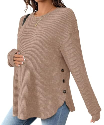 Chemise de grossesse élastique - Pull d'hiver chaud - Tissu doux et extensible - Fente latérale pour le confort maternel - Mobilité - Vêtements de grossesse - Troisième trimestre, kaki, M