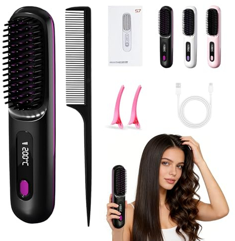 Stylingbürste für Kurze Haare, Haarbürste Elektrisch, Glättbürste Kabellos mit LED-Anzeige, 3 Temperaturstufen, Tragbar, für Glattes & Lockiges Haar – Ideal für Reisen und Alltag