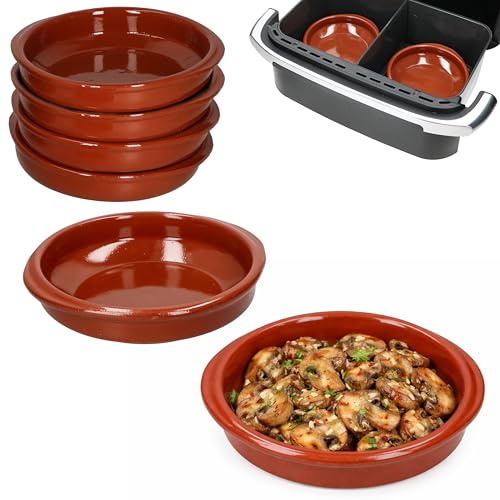 MamboCat 6er Set Airfryer Tonschalen rund mit Griffen I Ø16cm, 300ml I Tapas- & Auflaufformen aus Ton I Servierschalen für Ofen, Airfryer, Brunch & Buffet I mittelgroße Cazuela I Antipasti
